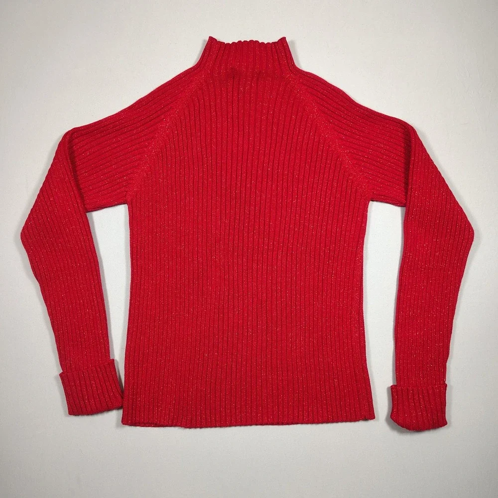 Relativity Sweater Women L‎ Red Mock Neck Metallic Ribbed Knit Cotton R4814L